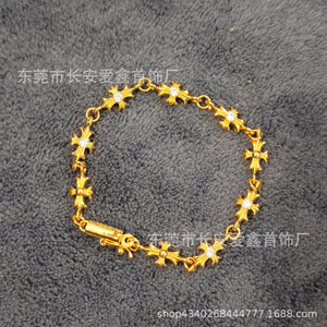 A simple and individual antique golden cross-flower diamond-encrusted thin bracelet for a couple
