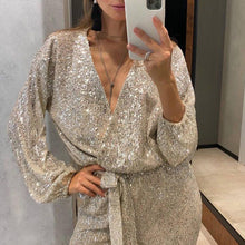 Load image into Gallery viewer, Autumn speed buy Tong new solid color fashion V-neck long sleeve sparkling beads waist collection jumpsuit