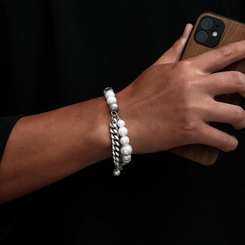 Stainless Steel Double Layered Cuban Pearl Bracelet