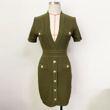 Load image into Gallery viewer, Spring/summer 2021 European and American star trend deep V collar fashion lion button short sleeve knit hip wrap dress