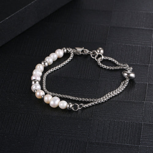 Stainless Steel Irregular Natural Pearl Double Layer Delicate Bracelet