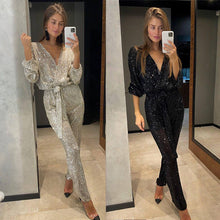 Load image into Gallery viewer, Autumn speed buy Tong new solid color fashion V-neck long sleeve sparkling beads waist collection jumpsuit