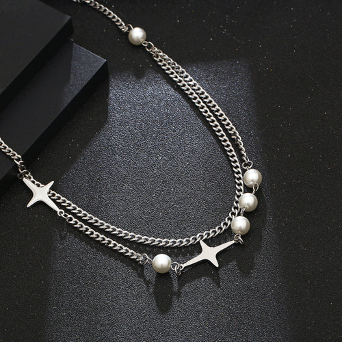 Stainless Steel Pearl Splicing Double Layer Trend Necklace