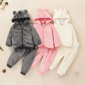 Cross-border children's hooded zipper shirt new trousers two pieces of autumn and winter thick baby lovely coat set