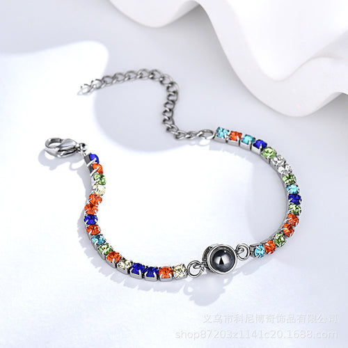 Titanium steel stainless steel bracelet Female Projection 100 languages I Love You Tennis chain Diamond titanium steel