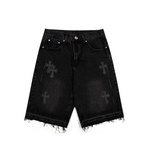 Summer new Chcroc cross embroidery old denim shorts five quarter pants men and women a hair