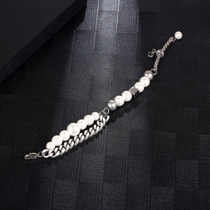 Stainless Steel Double Layered Cuban Pearl Bracelet