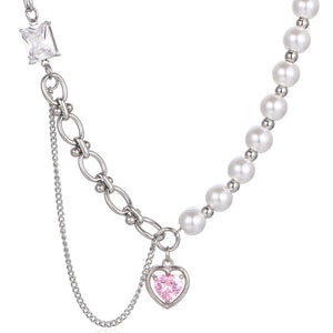 Stainless Steel Chain Splicing Pearls Pink Diamond Love Pendant Necklace