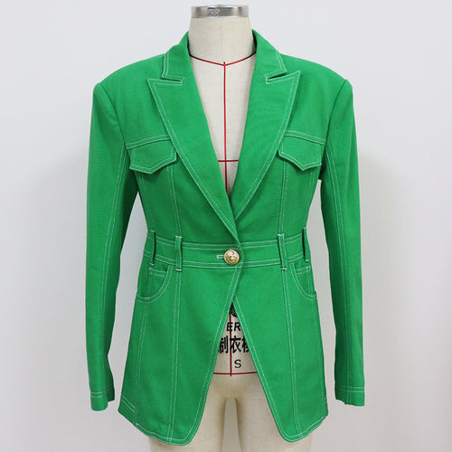 Autumn/winter 2021 European and American catwalk stars with wide shoulders bright line decorated with a button jean suit jacket in green