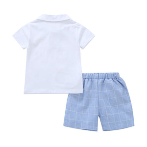 Open chest white embroidered blue whale boy short sleeved shorts set