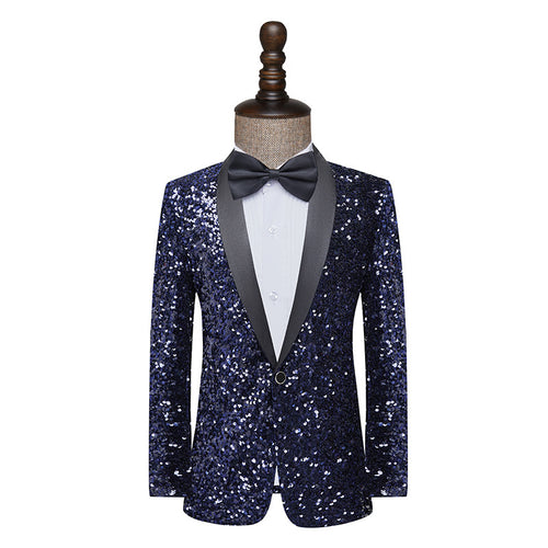 Men's dress glitter change color flash bar DJ nightclub stage show suit host singer navy blue coat