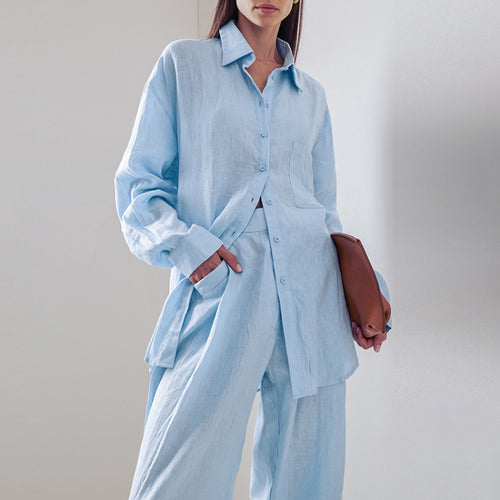 Summer loose cotton linen set women simple long-sleeved shirt trousers two-piece casual women's wear