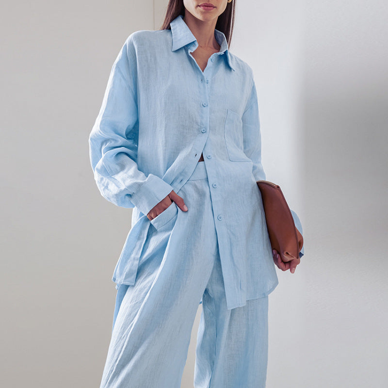 Summer loose cotton linen set women simple long-sleeved shirt trousers two-piece casual women's wear