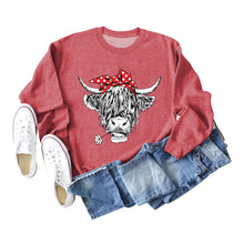 Load image into Gallery viewer, Casual long sleeve crewneck red bow cow fun print loose women&#39;s hoodie