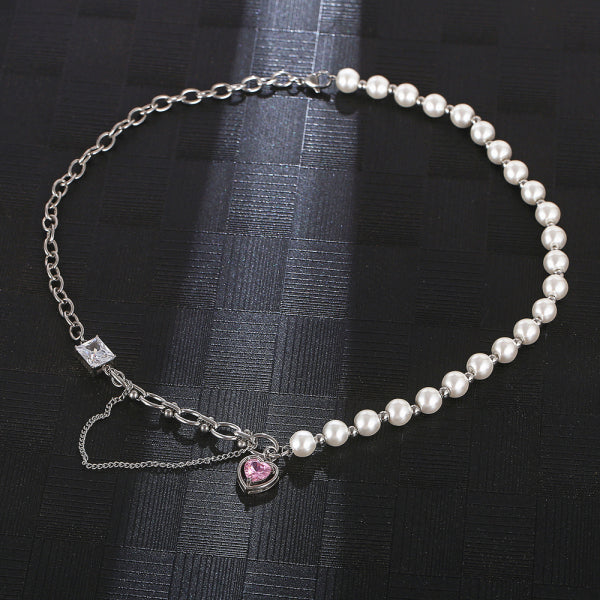 Stainless Steel Chain Splicing Pearls Pink Diamond Love Pendant Necklace