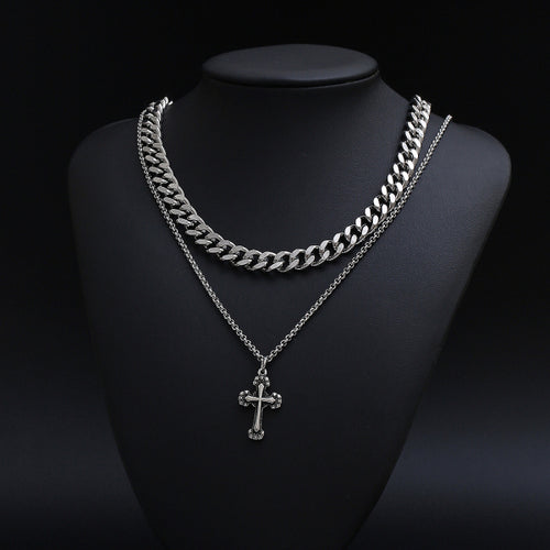 Stainless Steel Cross Cuban Double Layer Trend Fashion Necklace