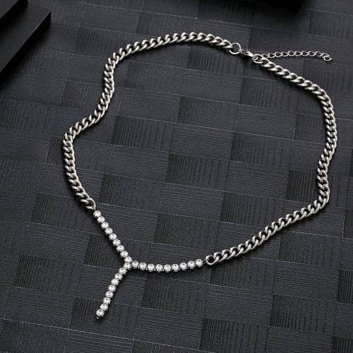 Stainless Steel Cuban Chain Splicing Zircon Full Diamond Y-shaped Necklace