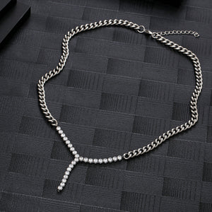 Stainless Steel Cuban Chain Splicing Zircon Full Diamond Y-shaped Necklace