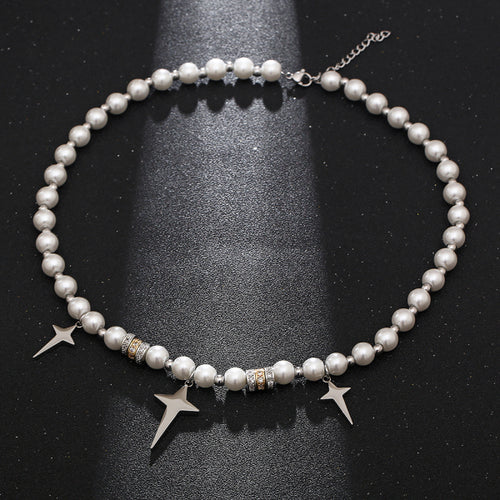 Stainless Steel Metal Spliced Pearl Cross Trend Necklace