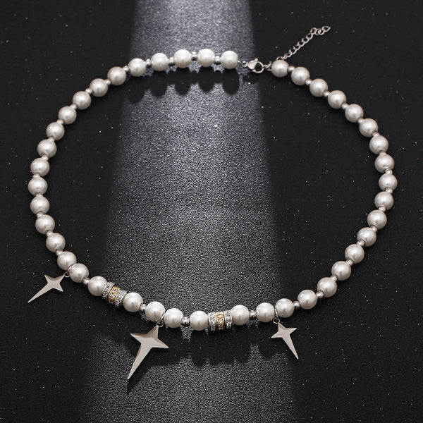Stainless Steel Metal Spliced Pearl Cross Trend Necklace