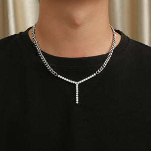 Stainless Steel Cuban Chain Splicing Zircon Full Diamond Y-shaped Necklace