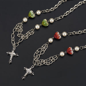 Stainless Steel Colored Diamond Inlaid Heart Splicing Cross Men And Women Necklace