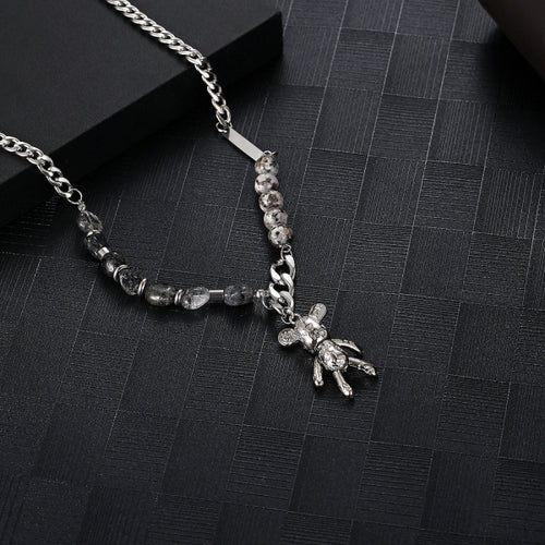 Stainless Steel Natural Stone Spliced Little Bear Trend Fashion Pendant Necklace