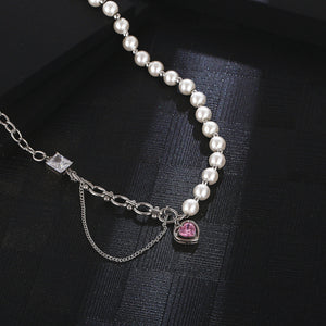 Stainless Steel Chain Splicing Pearls Pink Diamond Love Pendant Necklace