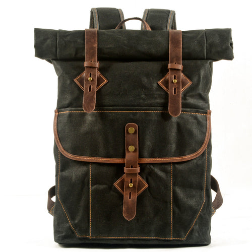 Men's American vintage roll top backpack oil waxed canvas with cowhide backpack Large capacity outdoor travel hiking bag
