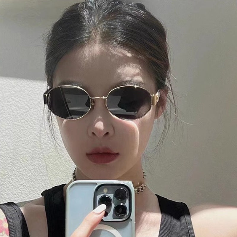 Gold-rimmed sunglasses sunscreen women's new all face high-grade retro metal oval myopic sun