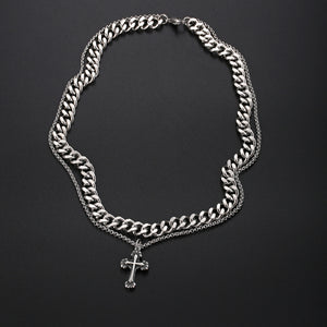Stainless Steel Cross Cuban Double Layer Trend Fashion Necklace