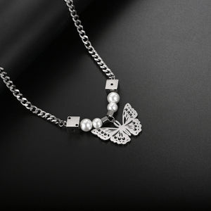 Stainless Steel Dice Butterfly Pearls Splicing  Trend Pendant Necklace