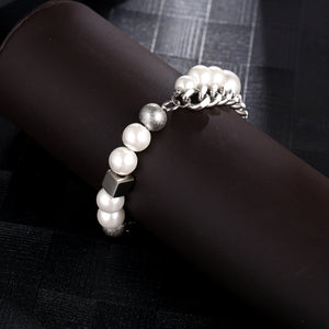 Stainless Steel Double Layered Cuban Pearl Bracelet