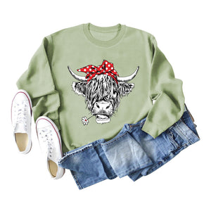 Casual long sleeve crewneck red bow cow fun print loose women's hoodie