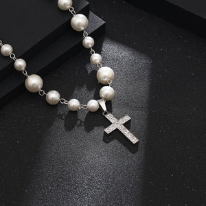 Stainless Steel Inlaid Diamond Cross Splicing Pearl Necklace
