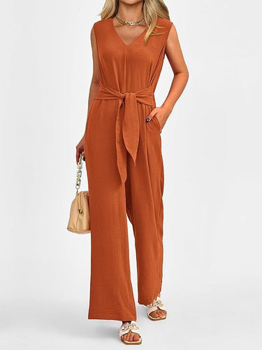Spring and summer women's new V-neck wide-leg jumpsuit sleeveless belt jumpsuit women