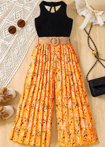 Girls solid color vest + wide leg pleated pants with belt for big kids