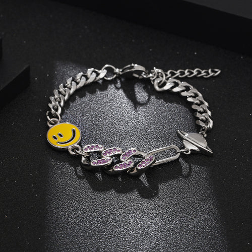 Stainless Steel Hip Hop Smiley Face Patchwork Cuban Diamond Planet Bracelet