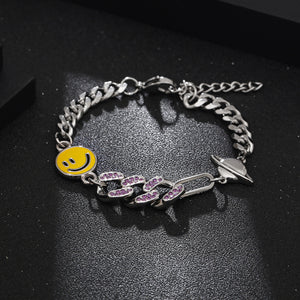 Stainless Steel Hip Hop Smiley Face Patchwork Cuban Diamond Planet Bracelet