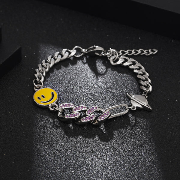 Stainless Steel Hip Hop Smiley Face Patchwork Cuban Diamond Planet Bracelet