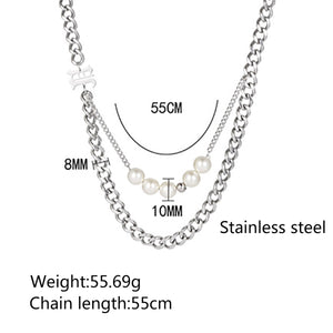Stainless Steel Double Layered Letter Pearls Trend Necklace