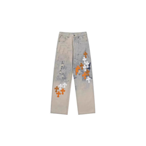 Full range of cross leather label washed jeans couple street baggy denim pants