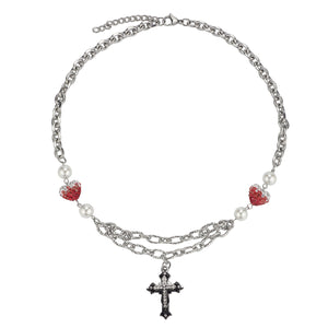 Stainless Steel Colored Diamond Inlaid Heart Splicing Cross Men And Women Necklace