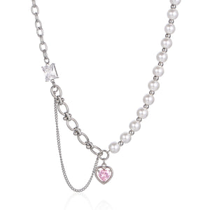 Stainless Steel Chain Splicing Pearls Pink Diamond Love Pendant Necklace