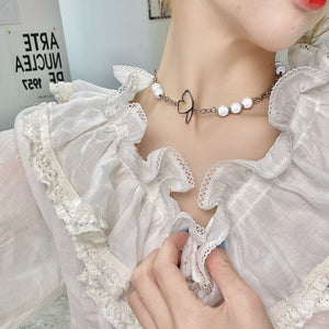 Stainless Steel Butterfly Splicing Reflective Pearls INS Necklace