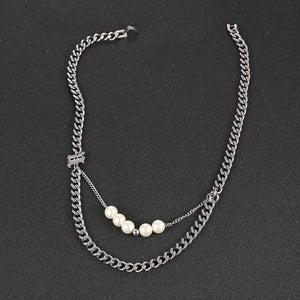 Stainless Steel Double Layered Letter Pearls Trend Necklace