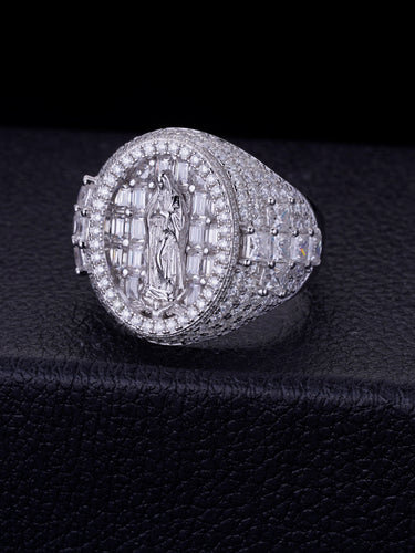 Mens Womens Silver Ring White Gold Engraved Signet Ring Virgin Mary Bible Verse Prayer Rings Christian High Polished Princess Cut Diamond Cross Ring Religious Gifts Jewelry