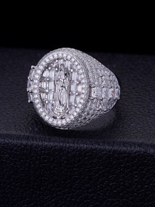 Mens Womens Silver Ring White Gold Engraved Signet Ring Virgin Mary Bible Verse Prayer Rings Christian High Polished Princess Cut Diamond Cross Ring Religious Gifts Jewelry