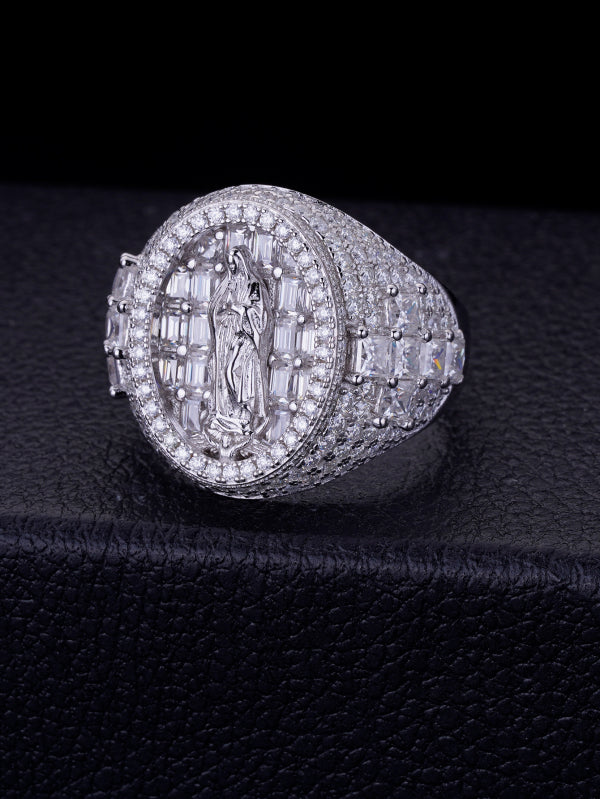 Mens Womens Silver Ring White Gold Engraved Signet Ring Virgin Mary Bible Verse Prayer Rings Christian High Polished Princess Cut Diamond Cross Ring Religious Gifts Jewelry