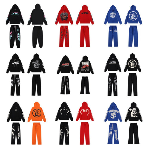 The new Hell Star loose retro letter print hooded sweatshirt and trousers are trendy